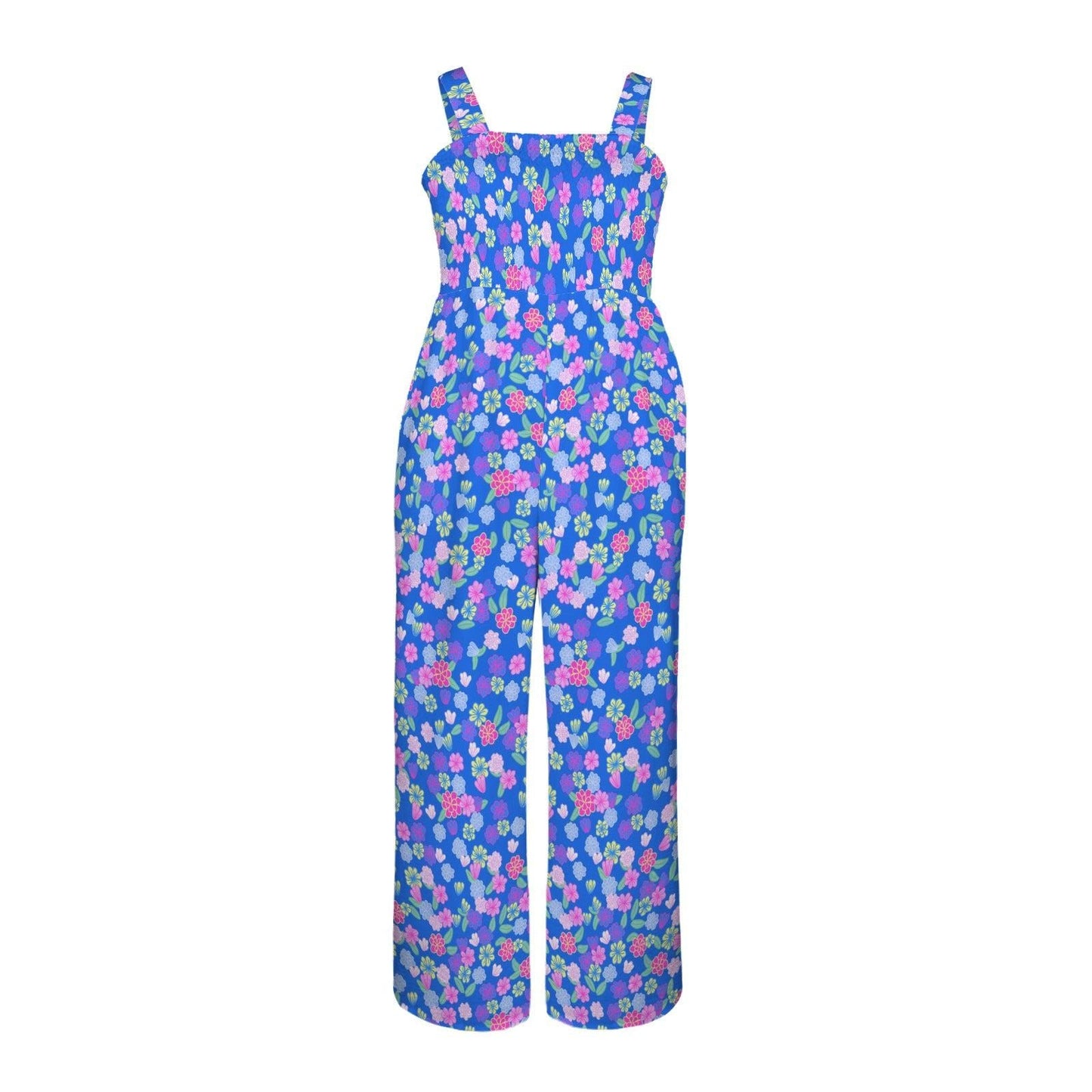 Blue Floral Wide Leg Jumpsuit, Tropical Vacation Romper, Bold Summer Resort Daywear