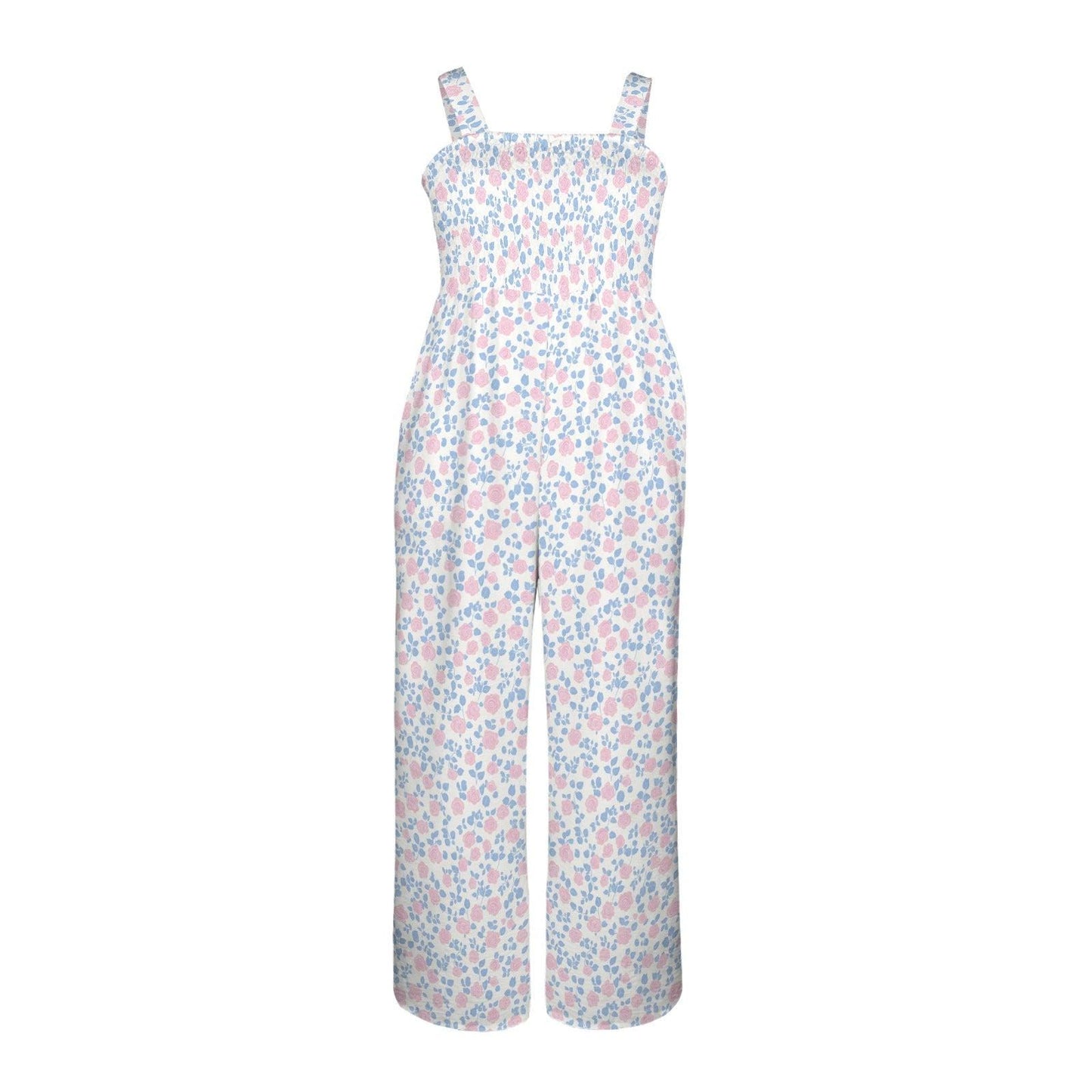 Floral Wide Leg Jumpsuit for Women, Pastel Summer Outfit, Cottagecore Vacation Romper, Pink Blue Resort Wear, Garden Party Look