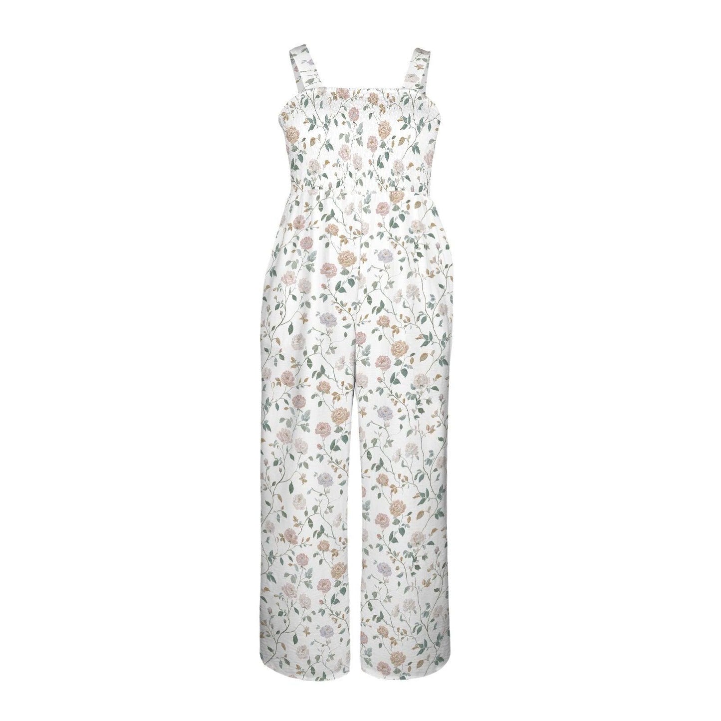 Neutral floral wide leg jumpsuit, vintage botanical garden party outfit, romantic rose vine print