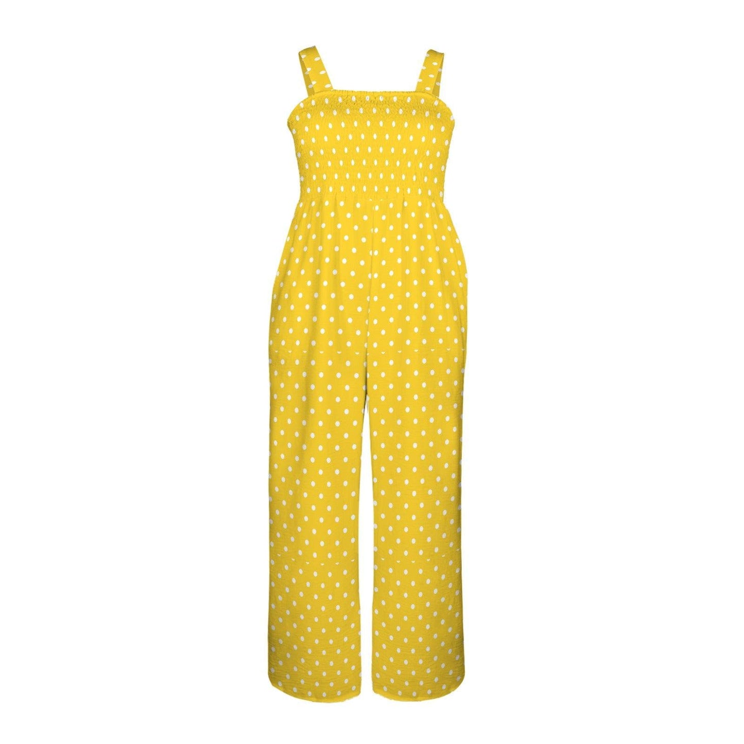 Yellow Polka Dot Wide Leg Jumpsuit, Retro Summer Vacation Romper, Bright Daywear, Vintage Pin Up Style