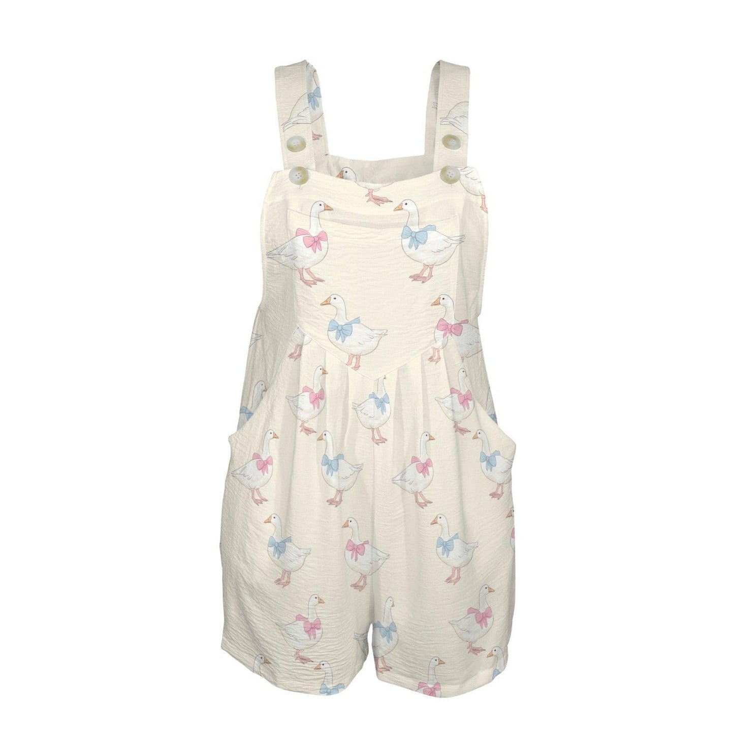 Cream Goose Print Romper, Coquette Cottagecore Playsuit with Pockets