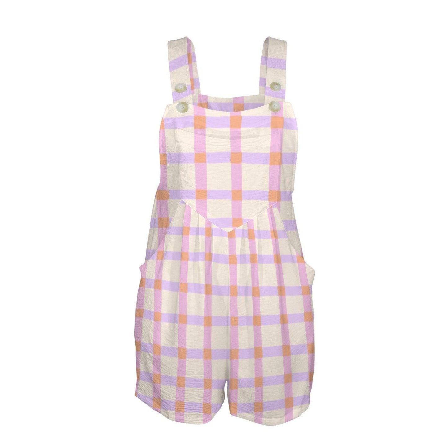 Pastel Plaid Shortalls for Women, Lavender Peach Overall Romper, Spring Picnic Bib Shorts with Pockets, Cute Easter Brunch Outfit