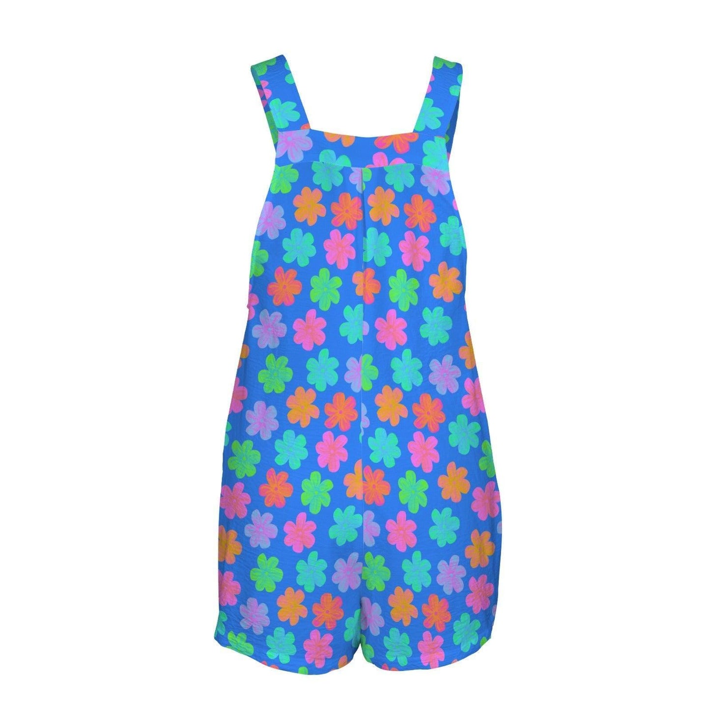 Retro Flower Romper for Women, Bright Blue Daisy Shortalls with Pockets, Groovy Festival Outfit, Colorful Summer Jumpsuit