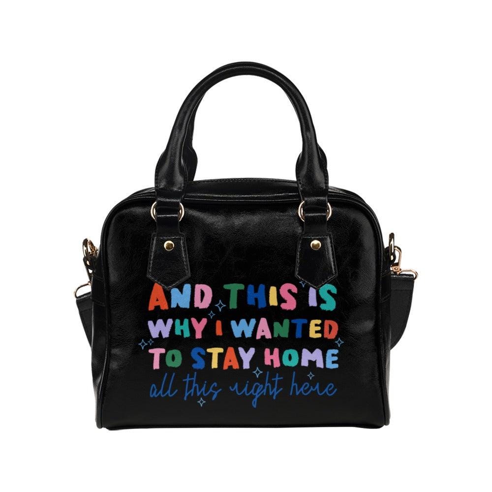 Colorful slogan satchel bag, statement top handle purse, black typography handbag with strap, introvert gift for women