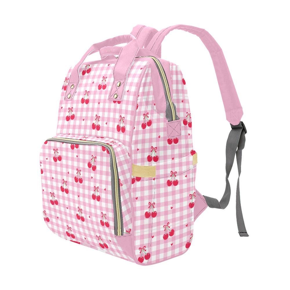 Cherry Diaper Bag Backpack, Pink Gingham Coquette Mom Bag, Baby Weekend Backpack, Cute Stroller Organizer Gift