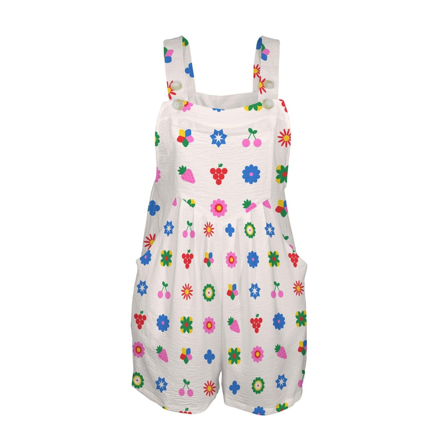Groovy Fruit Floral Shortalls for Women, Colorful Retro Bib Romper with Pockets, Mod Summer Playsuit for Vacation and Festivals