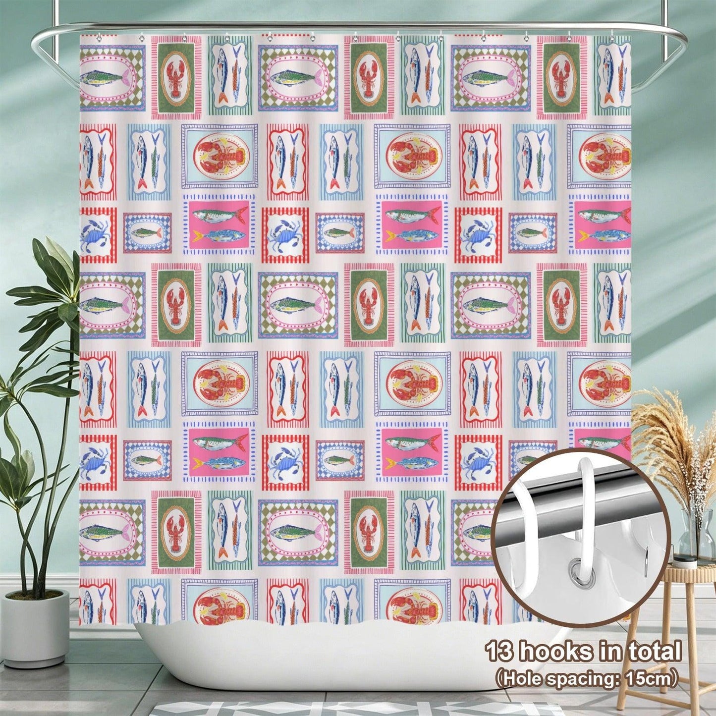 11Seafood Tile Shower Curtain, Colorful Coastal Bathroom Decor, Fish Lobster Crab Bath Curtain, Mediterranean Beach House Accent