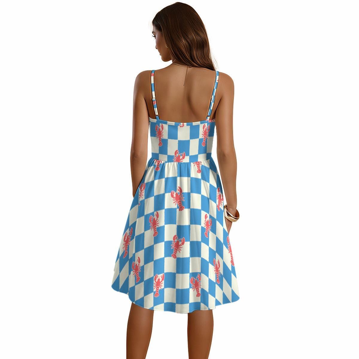 Lobster Checkerboard Dress, Blue Coastal Sweetheart Neckline Summer Sundress