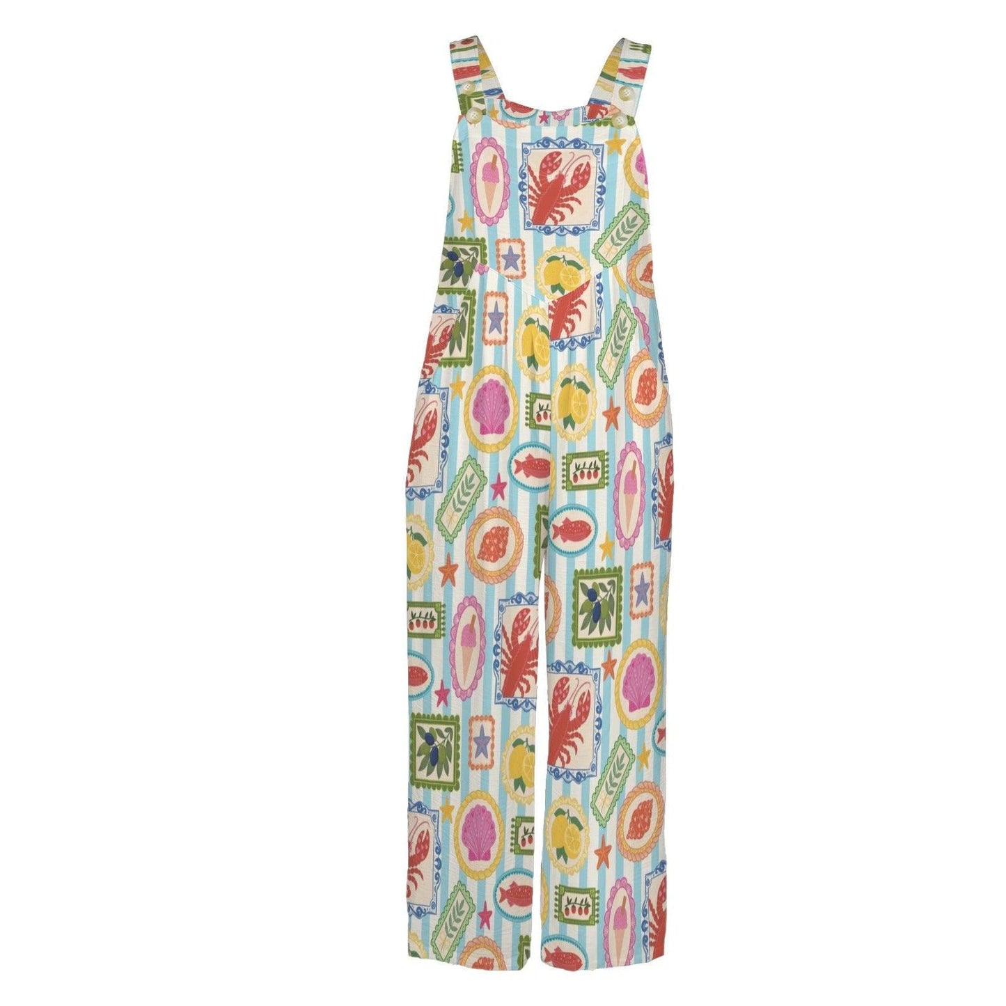 Seafood Stamp Overalls, Colorful Coastal Jumpsuit for Women, Lobster Shell Lemon Vacation Romper, Summer Market Jumpsuit