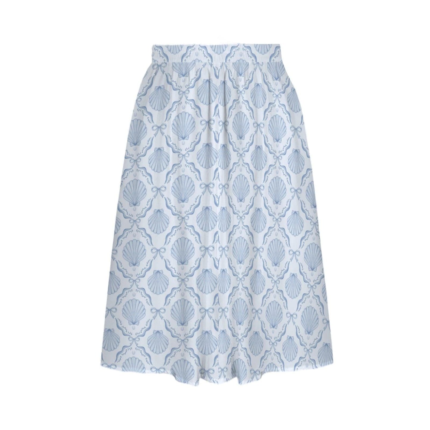 Coastal Seashell Midi Skirt, Blue Shell Print A Line Skirt with Pockets, Oceancore Summer Skirt for Beach Vacation Outfits