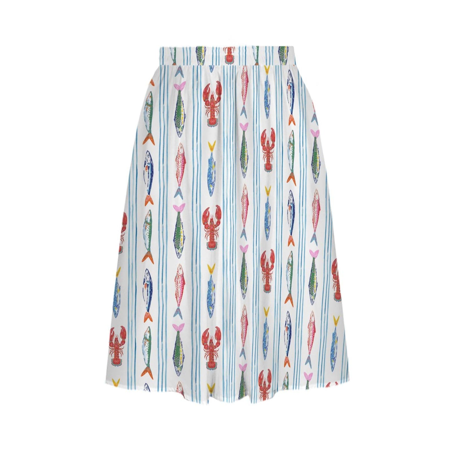 Nautical Lobster Fish Midi Skirt, Seafood Print A-Line, Coastal Summer Seaside Outfits