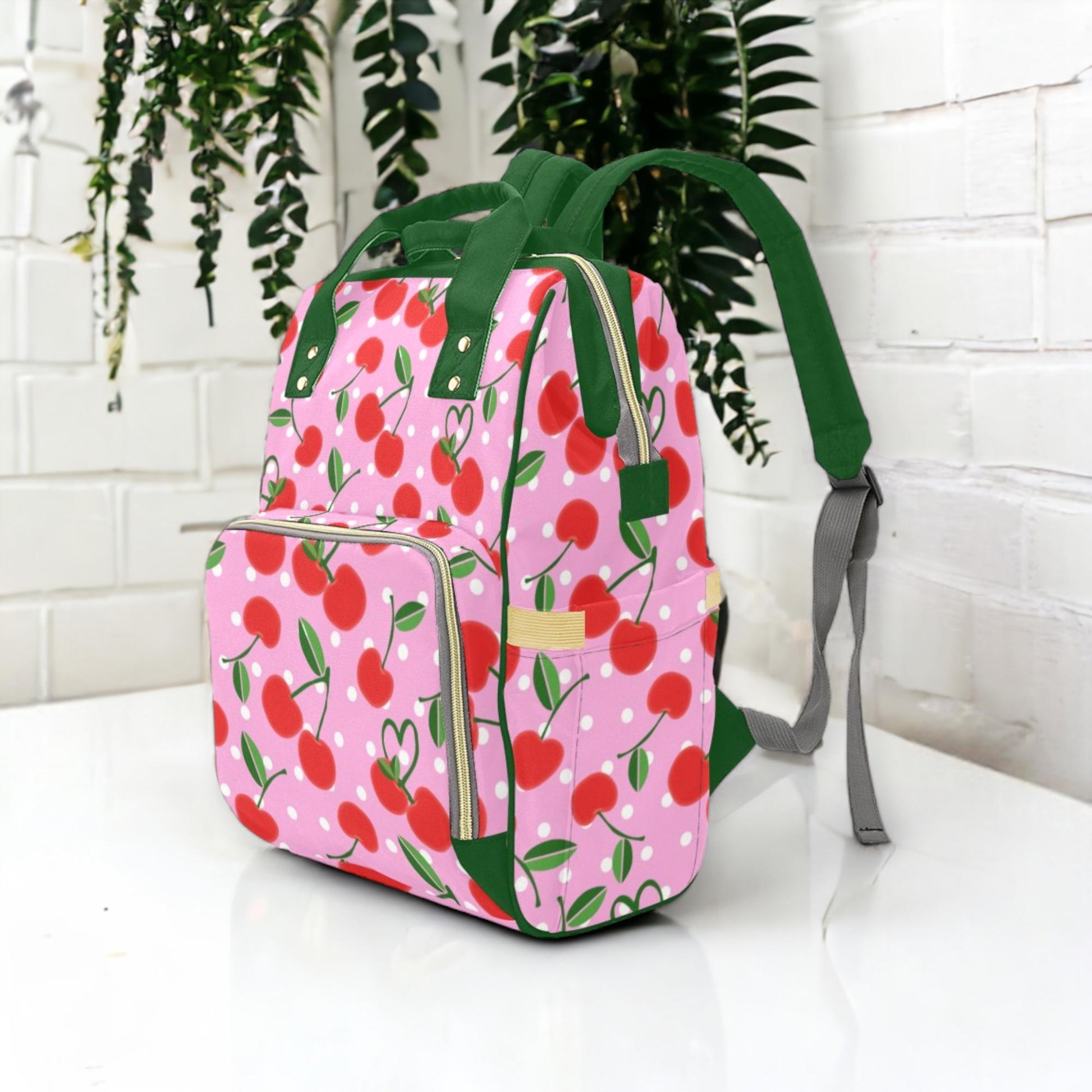 Pink Cherry Polka Dot Backpack, Kawaii Diaper Bag