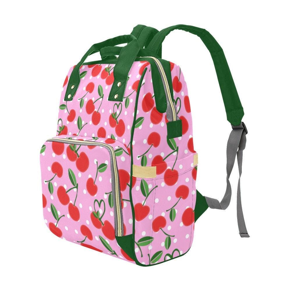Pink Cherry Polka Dot Backpack, Kawaii Diaper Bag