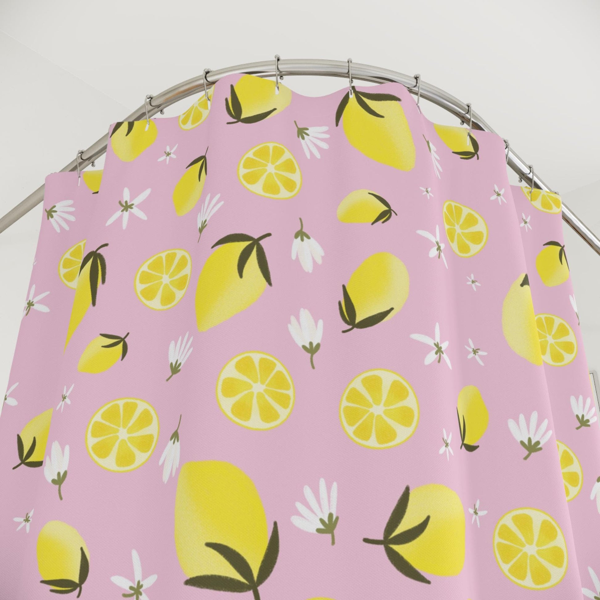 Lemon Shower Curtain, Pink Citrus Floral Print, Dopamine Decor