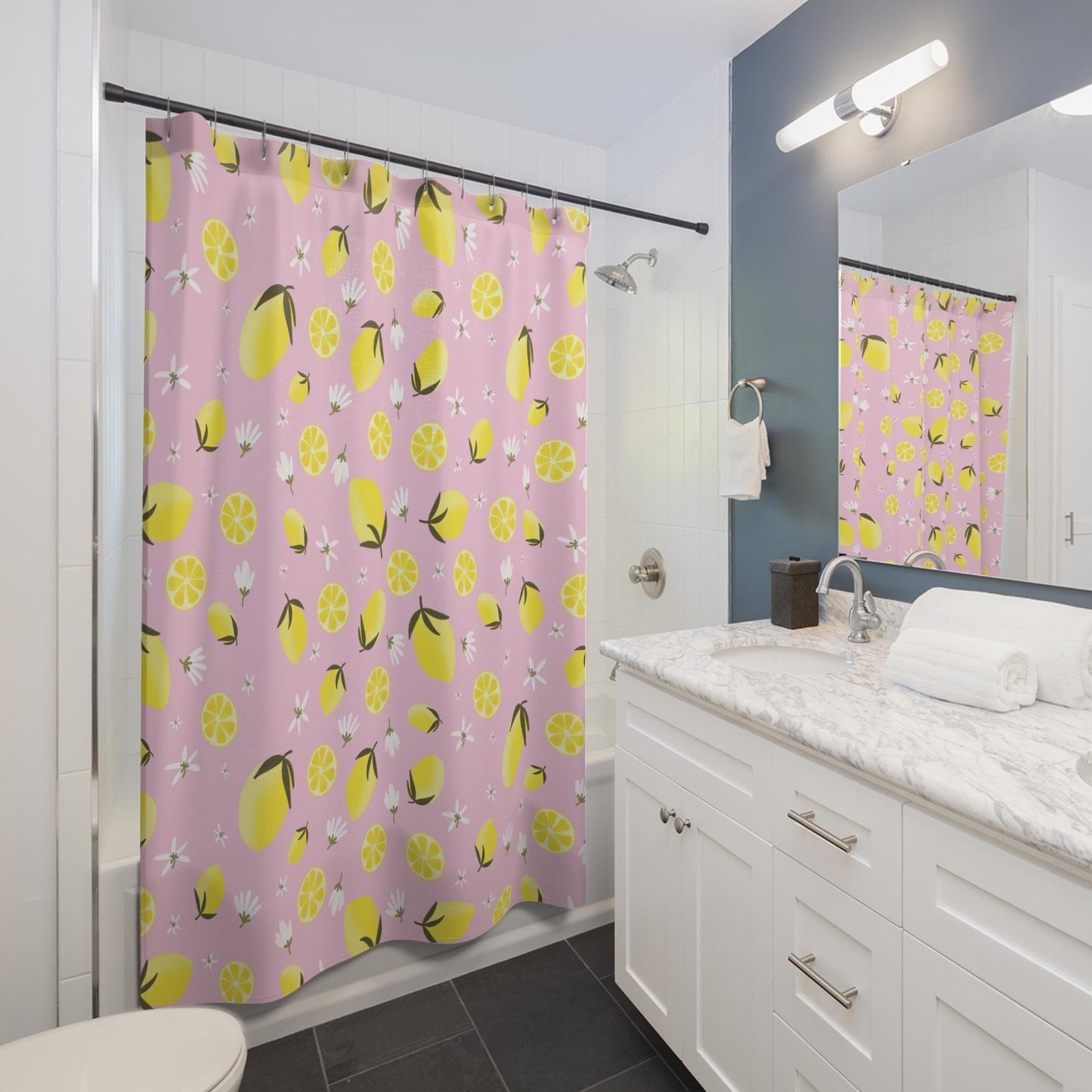 Lemon Shower Curtain, Pink Citrus Floral Print, Dopamine Decor