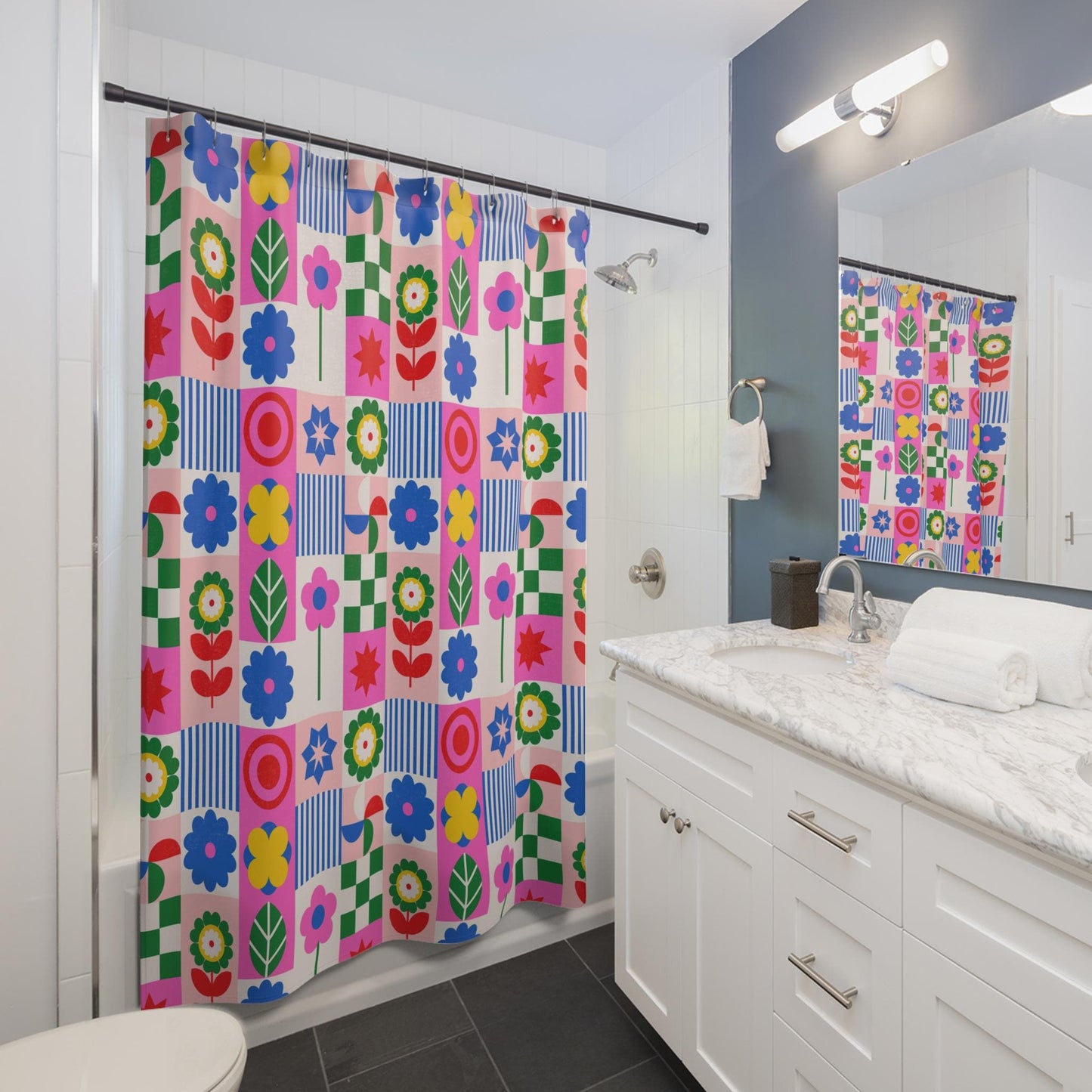 Retro flower shower curtain, dopamine overload bathroom decor, bold 70s pop art style, colorful maximalist home aesthetic, y2k gift ide