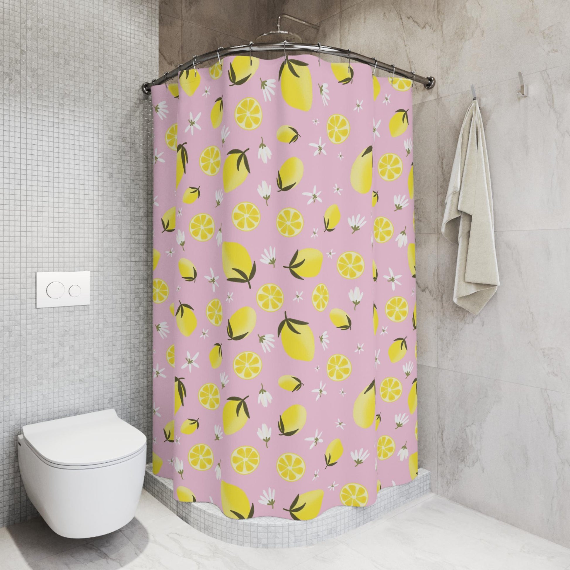 Lemon Shower Curtain, Pink Citrus Floral Print, Dopamine Decor