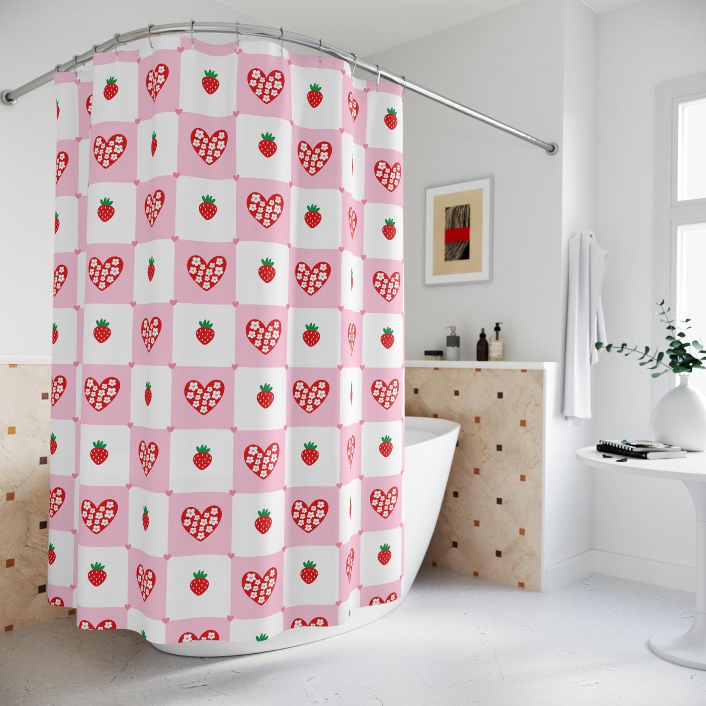 Retro flower shower curtain, dopamine overload bathroom decor, bold 70s pop art style, colorful maximalist home aesthetic, y2k gift idea
