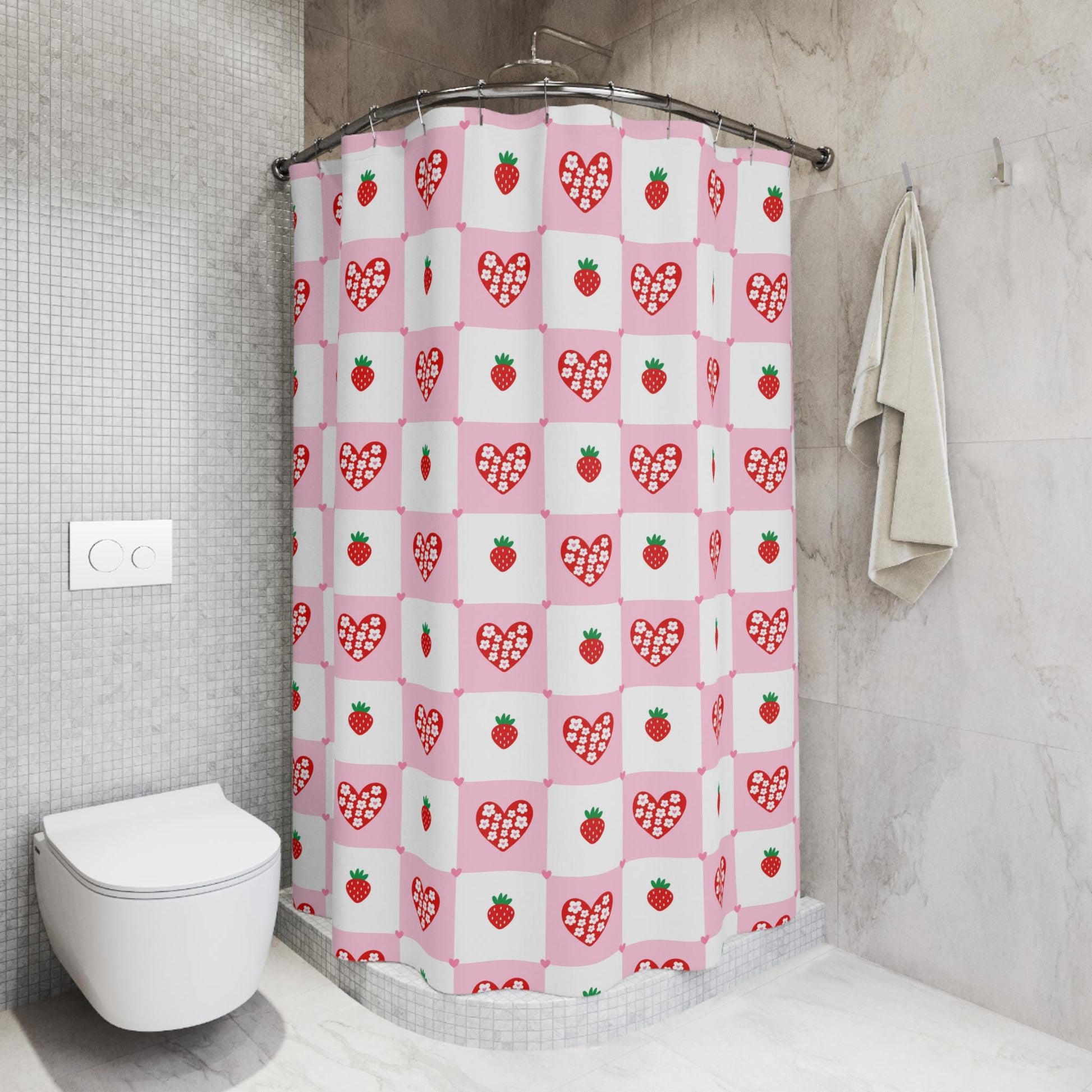 Retro flower shower curtain, dopamine overload bathroom decor, bold 70s pop art style, colorful maximalist home aesthetic, y2k gift idea