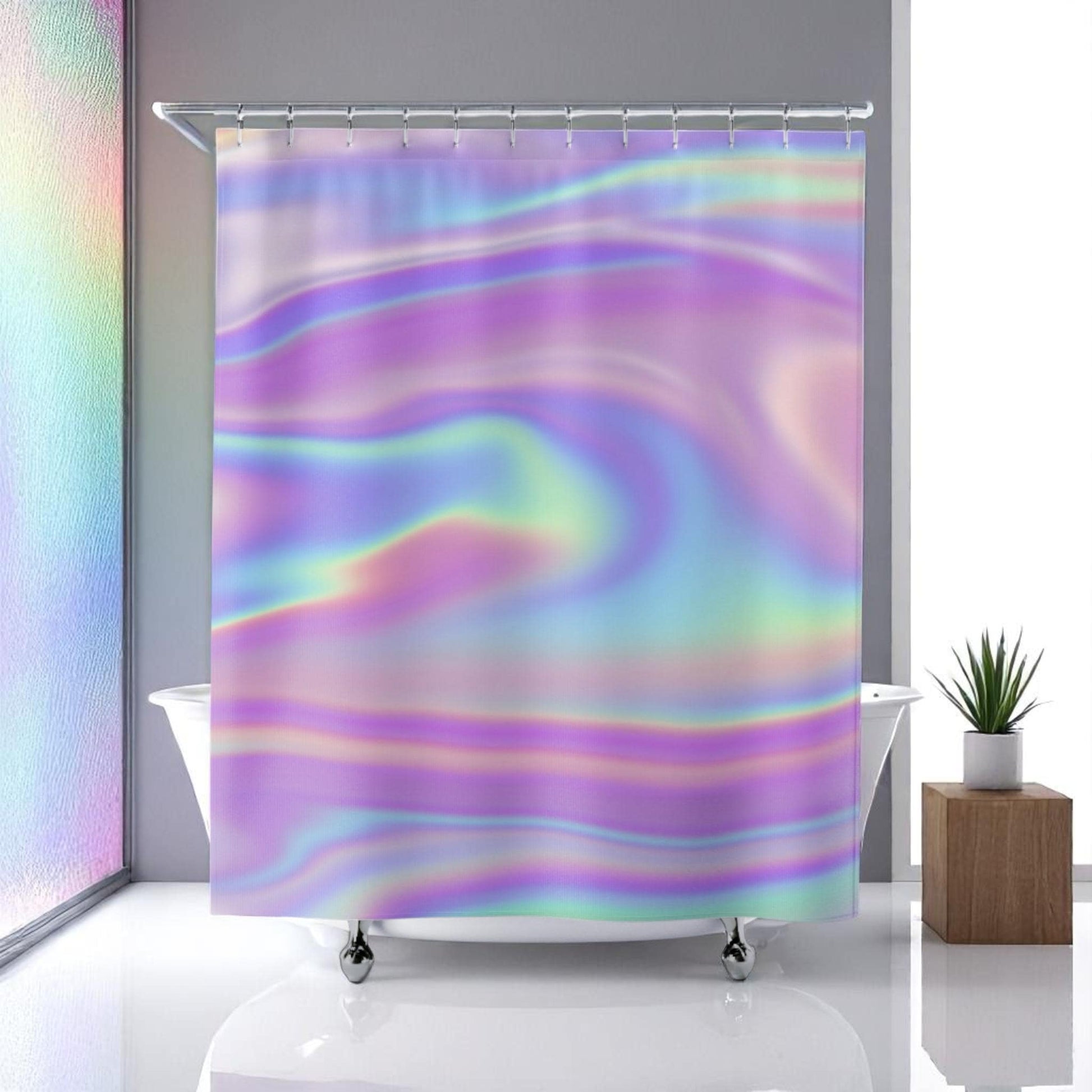 Holographic pastel shower curtain, dopamine soft girl bathroom decor, dreamy rainbow swirl print, y2k aesthetic bath upgrade, gift idea