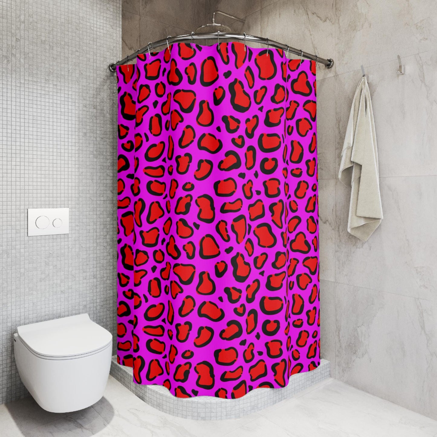Hot pink leopard shower curtain, dopamine wild bathroom decor, bold animal print baddie aesthetic, y2k maximalist alt bath style, gift idea