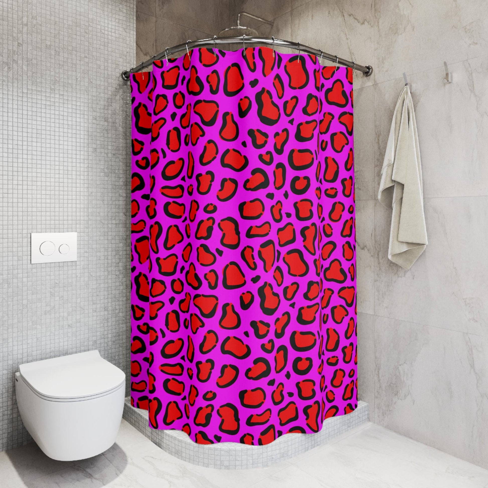 Hot pink leopard shower curtain, dopamine wild bathroom decor, bold animal print baddie aesthetic, y2k maximalist alt bath style, gift idea