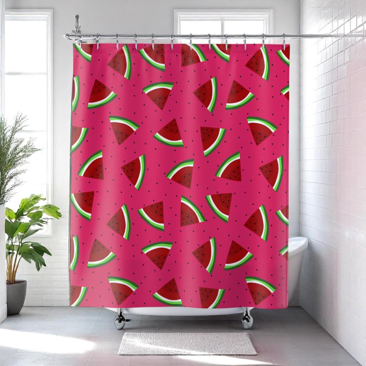 Watermelon Shower Curtain, Pink Fruit Bathroom Decor, Summer Bath, Bright Colorful Style