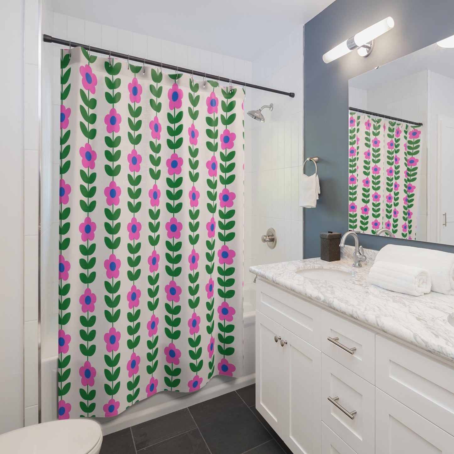 Retro flower shower curtain, bold pink green floral print decor, dopamine vintage aesthetic bath style, colorful girly home update, gift