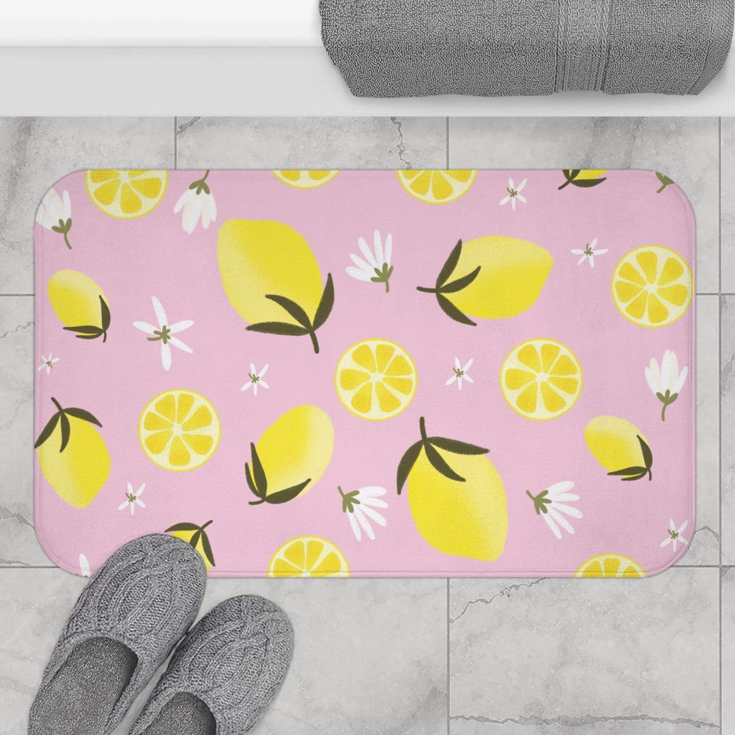 Lemon Shower Curtain, Pink Citrus Floral Print, Dopamine Decor