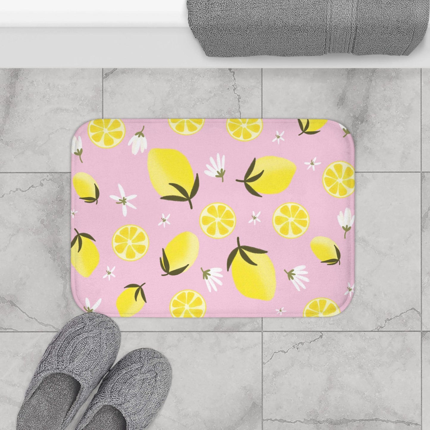 Lemon Shower Curtain, Pink Citrus Floral Print, Dopamine Decor