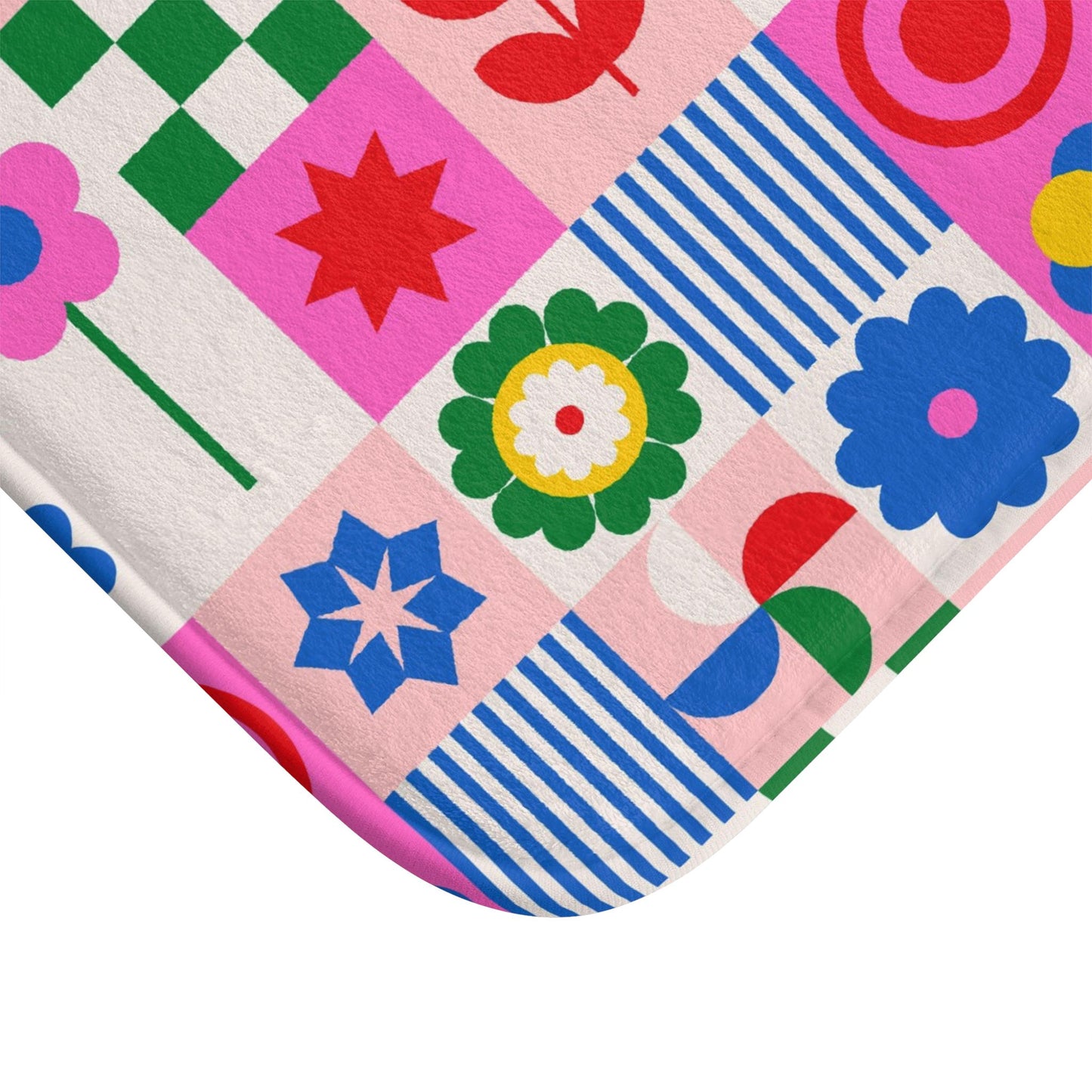 Retro flower shower curtain, dopamine overload bathroom decor, bold 70s pop art style, colorful maximalist home aesthetic, y2k gift ide