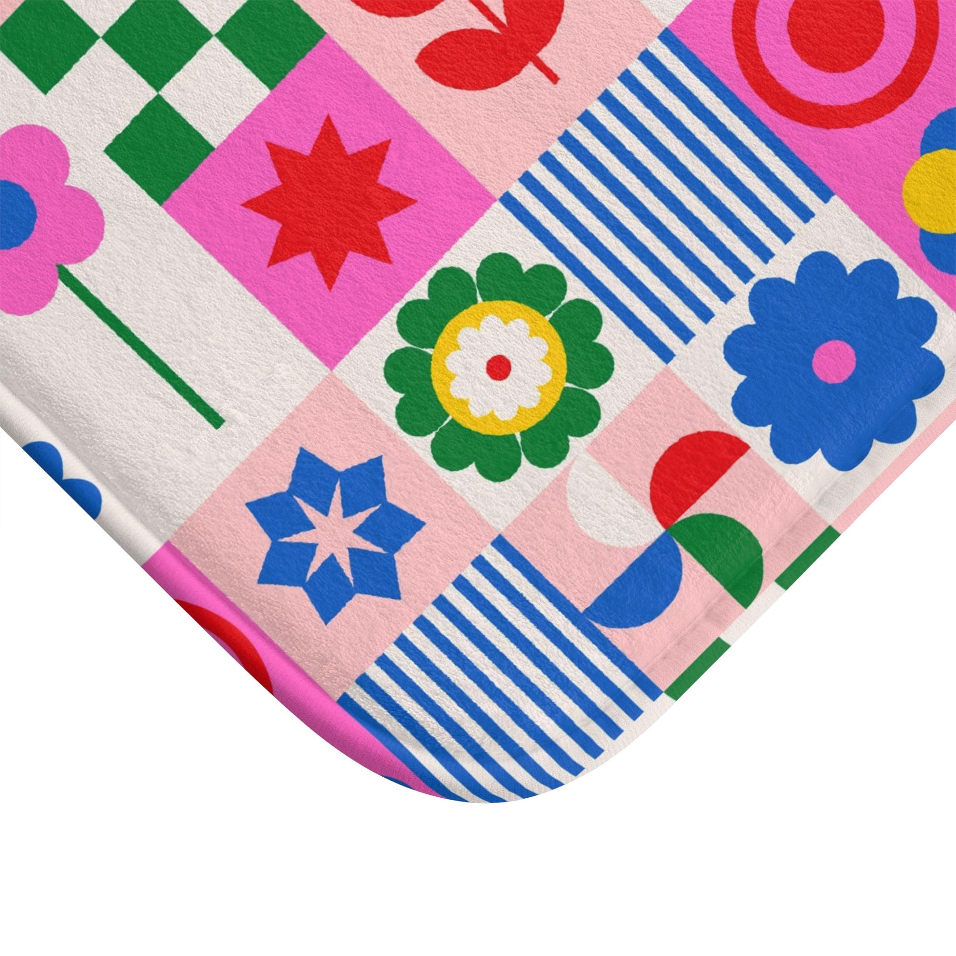 Retro flower shower curtain, dopamine overload bathroom decor, bold 70s pop art style, colorful maximalist home aesthetic, y2k gift ide