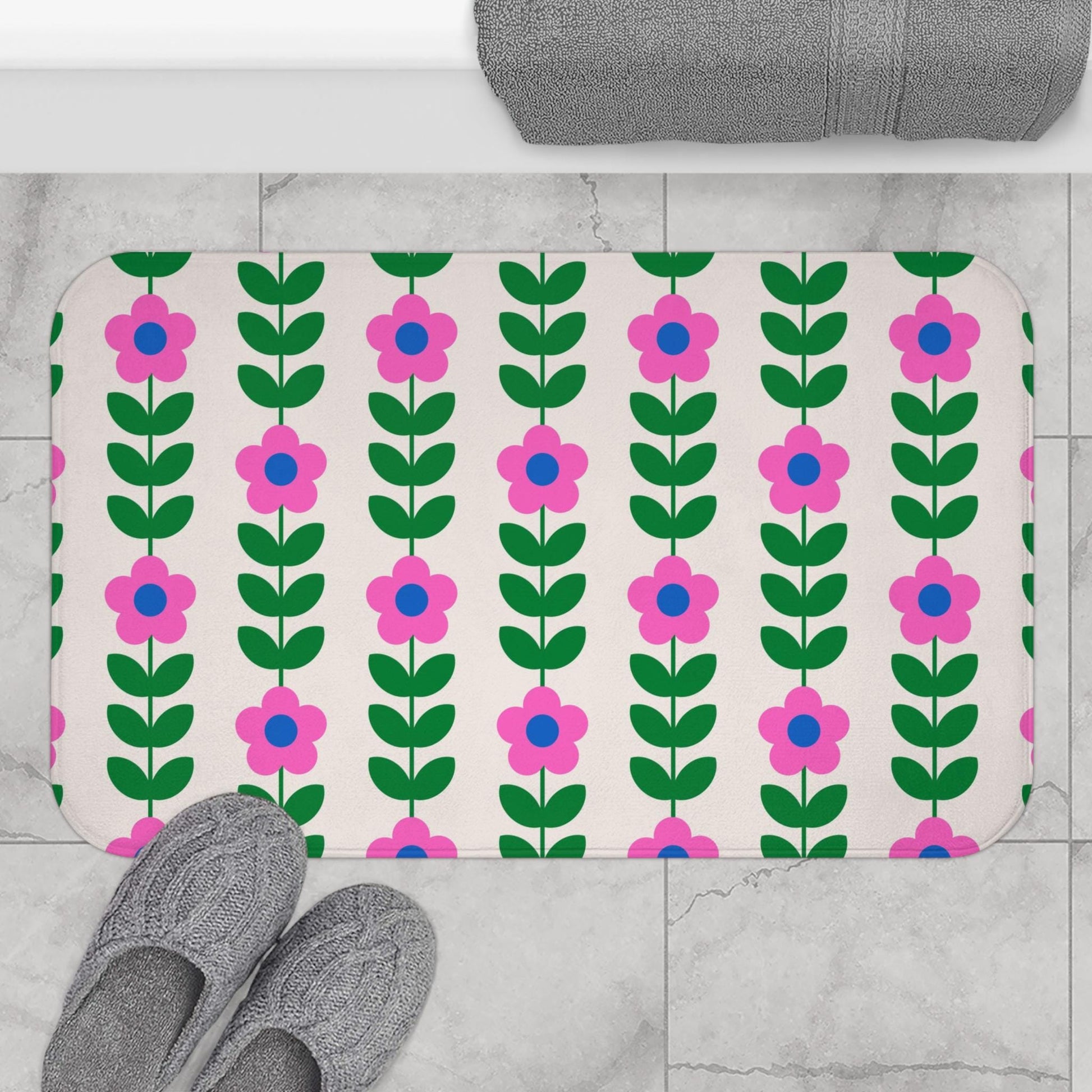 Retro flower shower curtain, bold pink green floral print decor, dopamine vintage aesthetic bath style, colorful girly home update, gift
