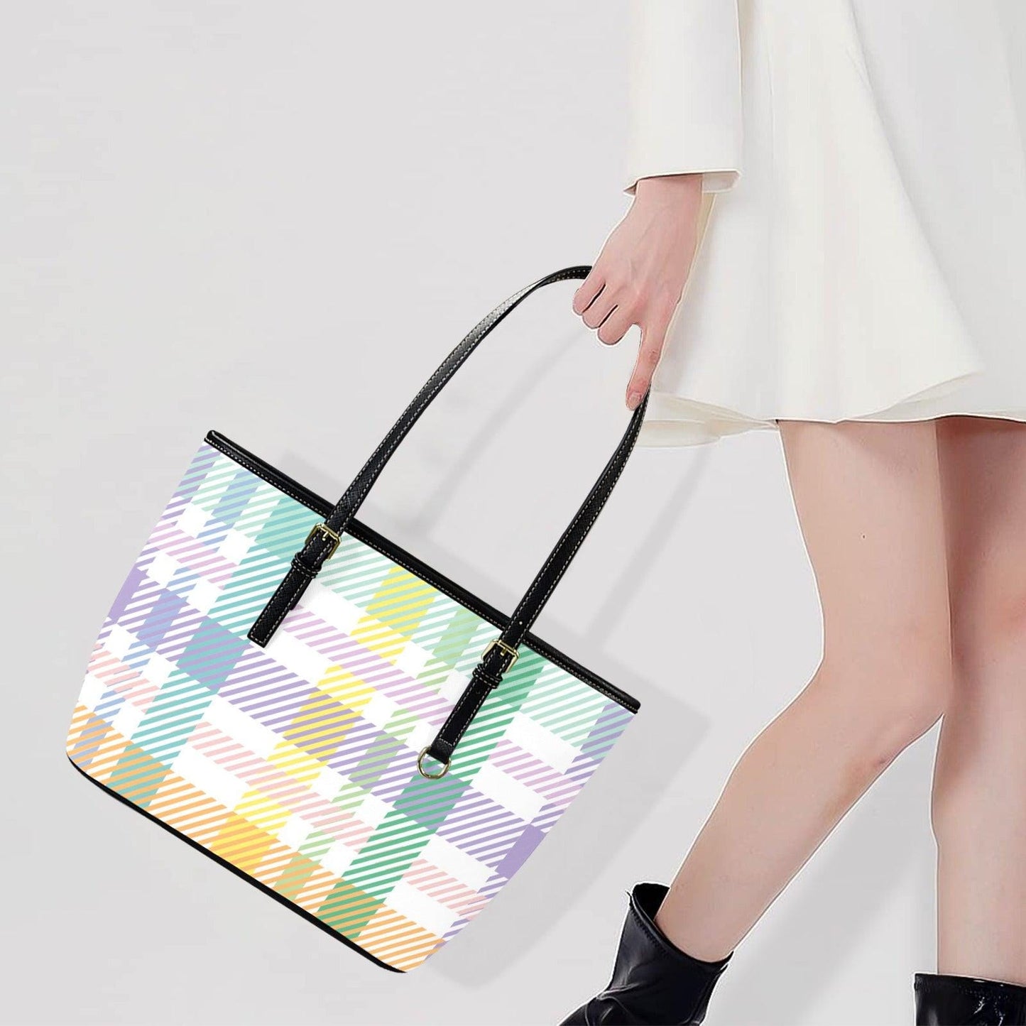 Pastel Plaid Tote Bag, Preppy Check Shoulder Purse, Spring Picnic Carryall, Soft Color Everyday Handbag