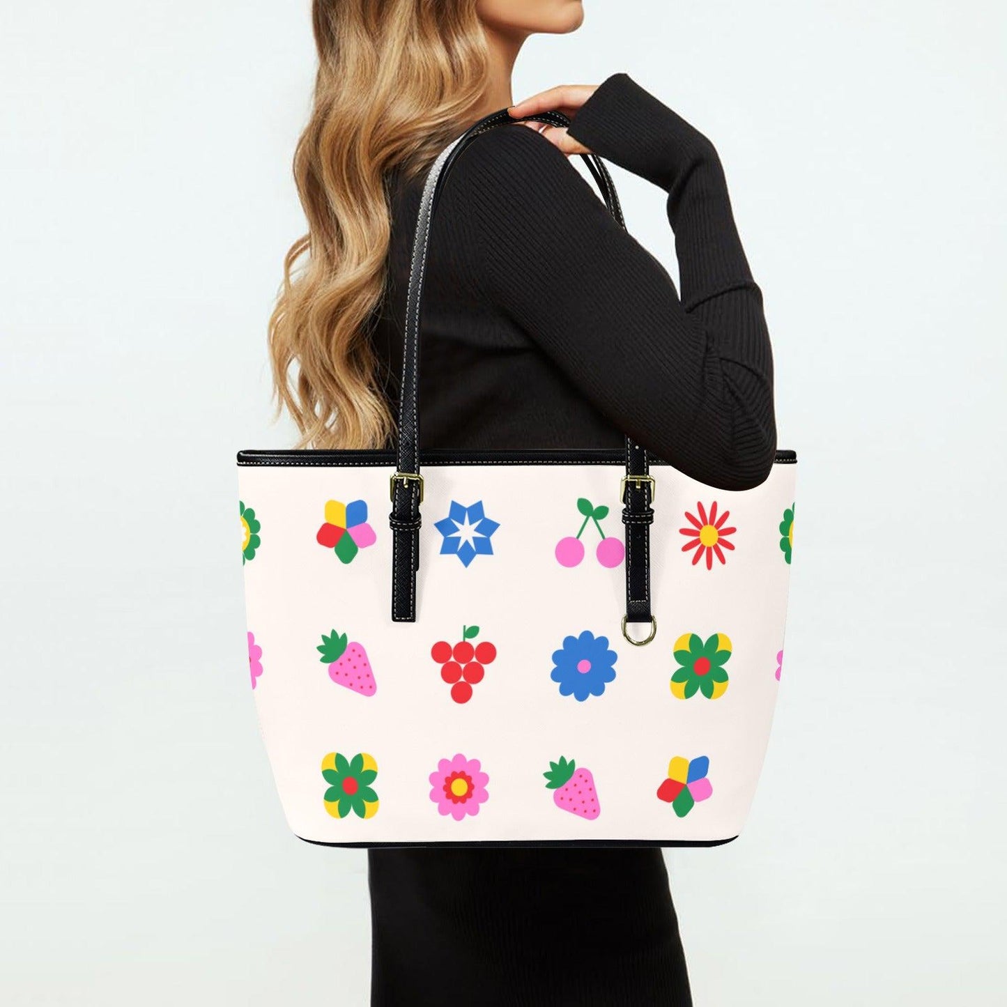 Retro Fruit Tote Bag, Strawberry Cherry Shoulder Purse, Playful Market Carryall, Colorful Everyday Handbag