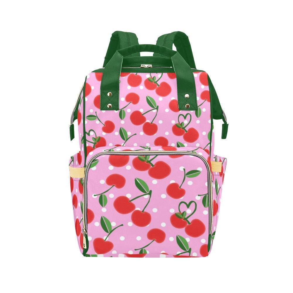 Pink Cherry Polka Dot Backpack, Kawaii Diaper Bag