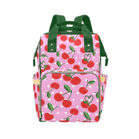 Pink Cherry Polka Dot Backpack, Kawaii Diaper Bag
