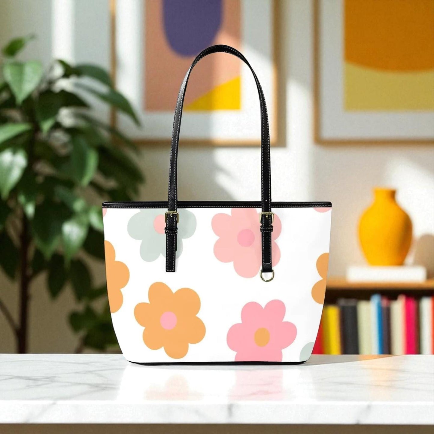 Retro Daisy Tote Bag, Mod Flower Shoulder Purse, Cute Everyday Carryall, Playful Floral Handbag