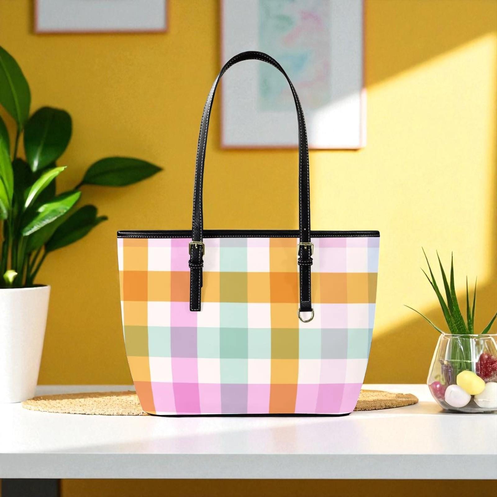 Pastel Plaid Tote Bag, Soft Check Shoulder Purse, Cute Picnic Carryall, Spring Market Handbag