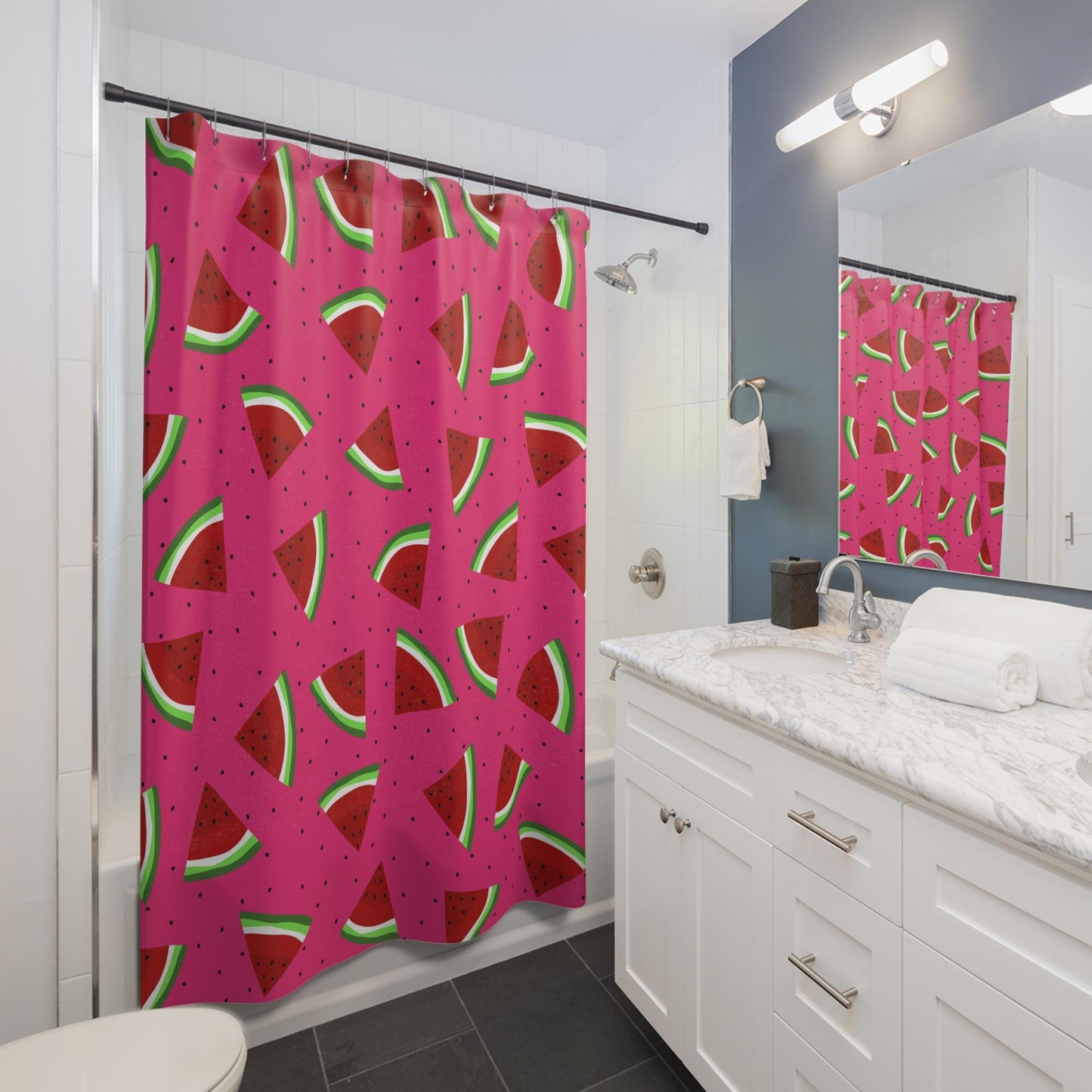 Watermelon Shower Curtain, Pink Fruit Bathroom Decor, Summer Bath, Bright Colorful Style