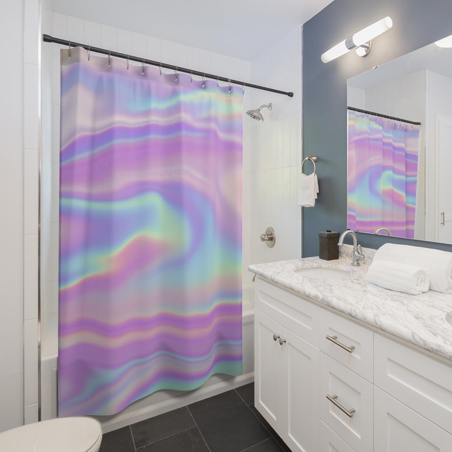 Holographic pastel shower curtain, dopamine soft girl bathroom decor, dreamy rainbow swirl print, y2k aesthetic bath upgrade, gift idea