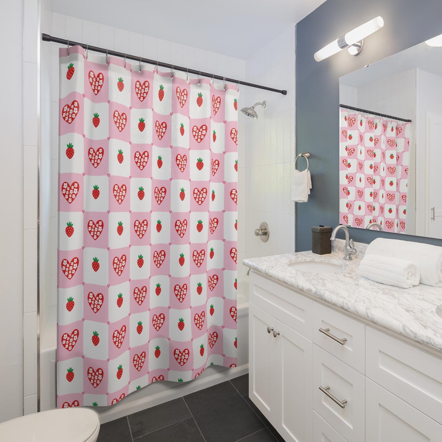 Retro flower shower curtain, dopamine overload bathroom decor, bold 70s pop art style, colorful maximalist home aesthetic, y2k gift idea