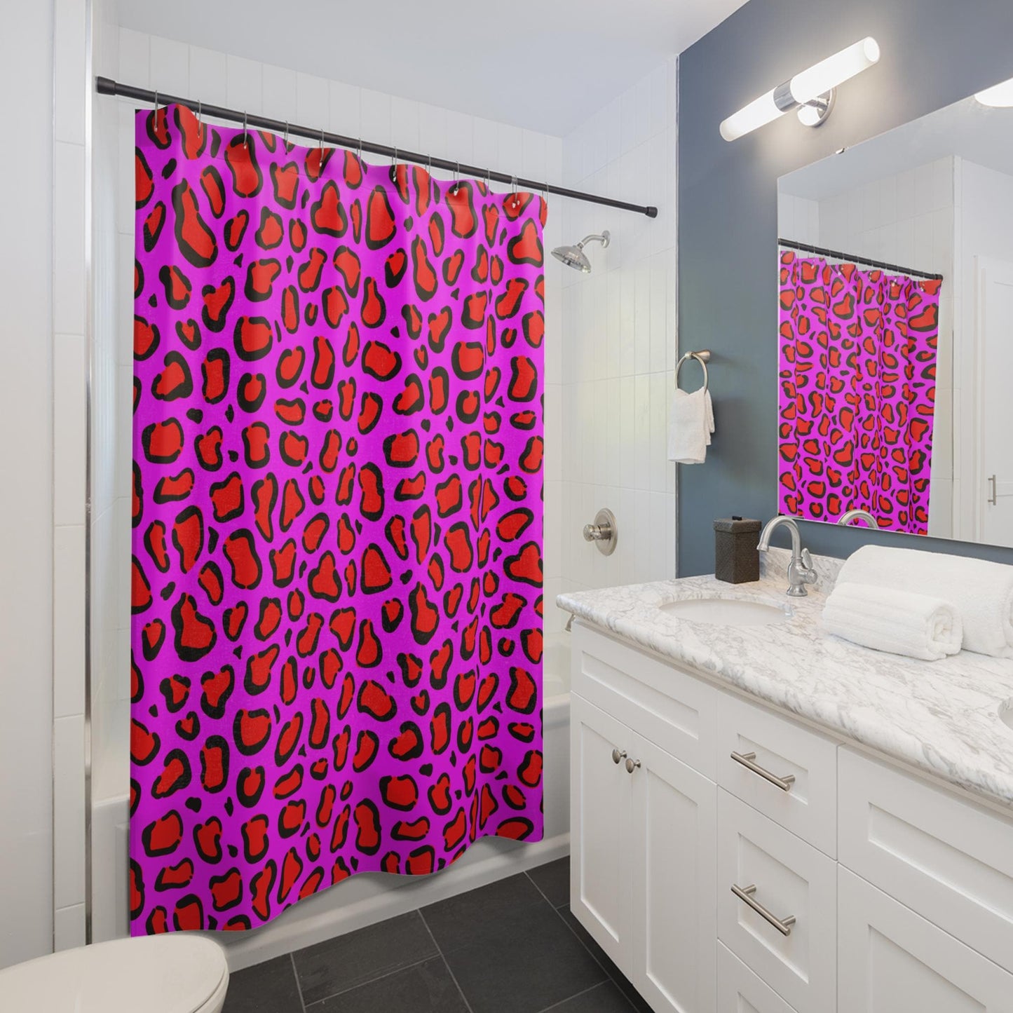 Hot pink leopard shower curtain, dopamine wild bathroom decor, bold animal print baddie aesthetic, y2k maximalist alt bath style, gift idea