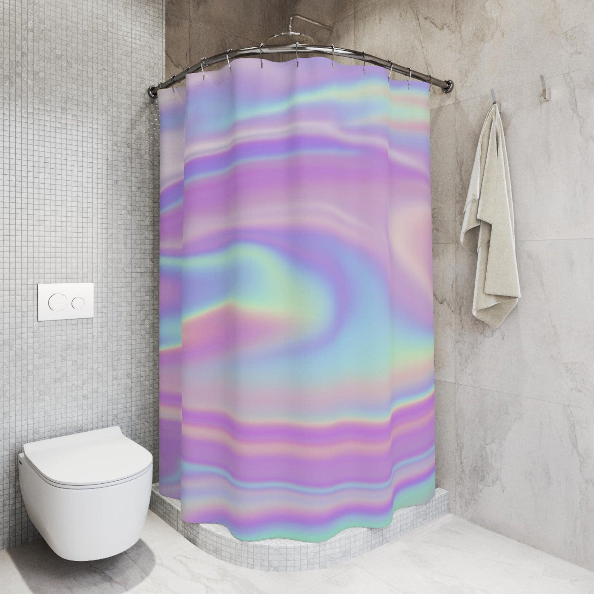 Holographic pastel shower curtain, dopamine soft girl bathroom decor, dreamy rainbow swirl print, y2k aesthetic bath upgrade, gift idea