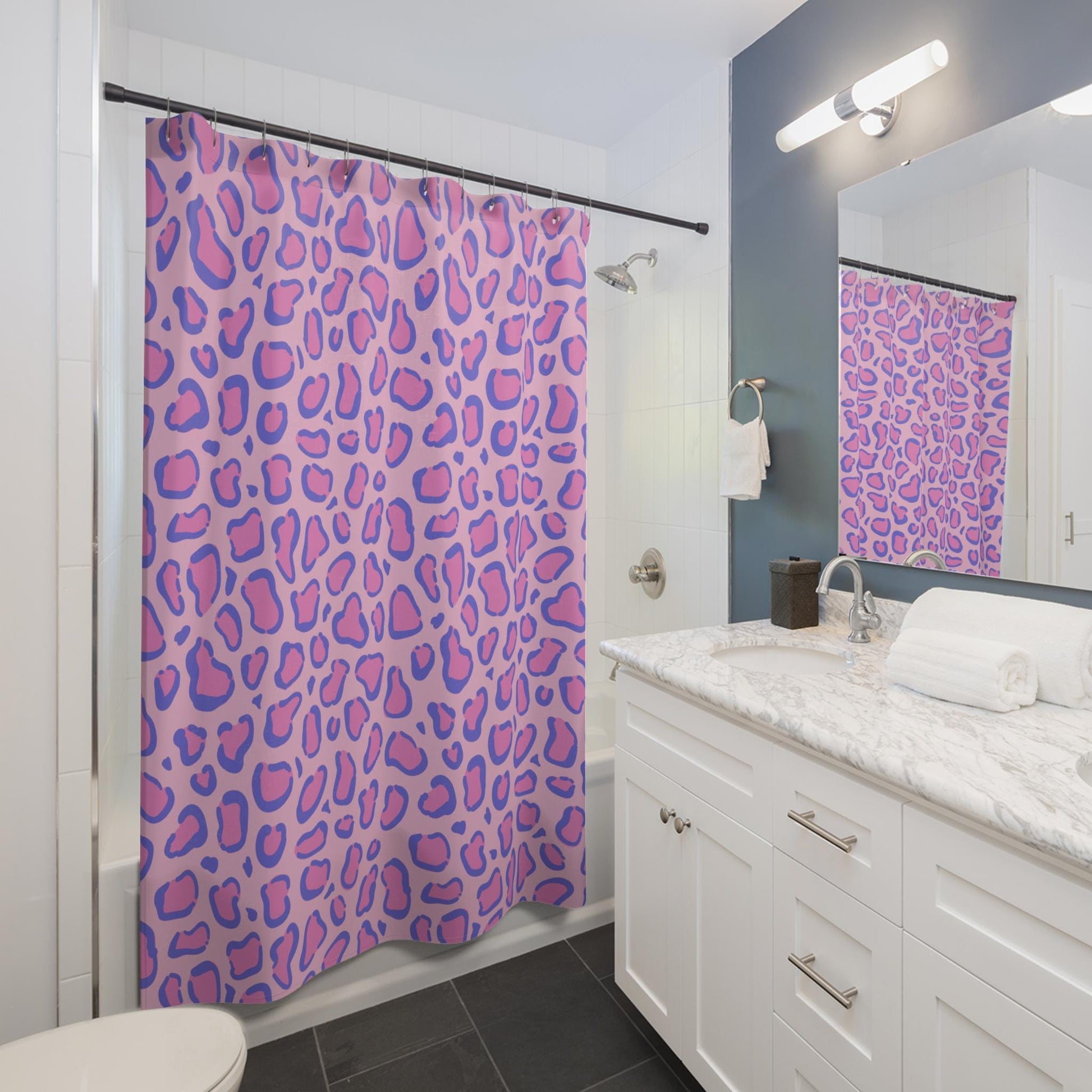 Pastel leopard shower curtain, lavender pink animal print decor, dopamine cute baddie aesthetic, girly bathroom upgrade, playful gift idea