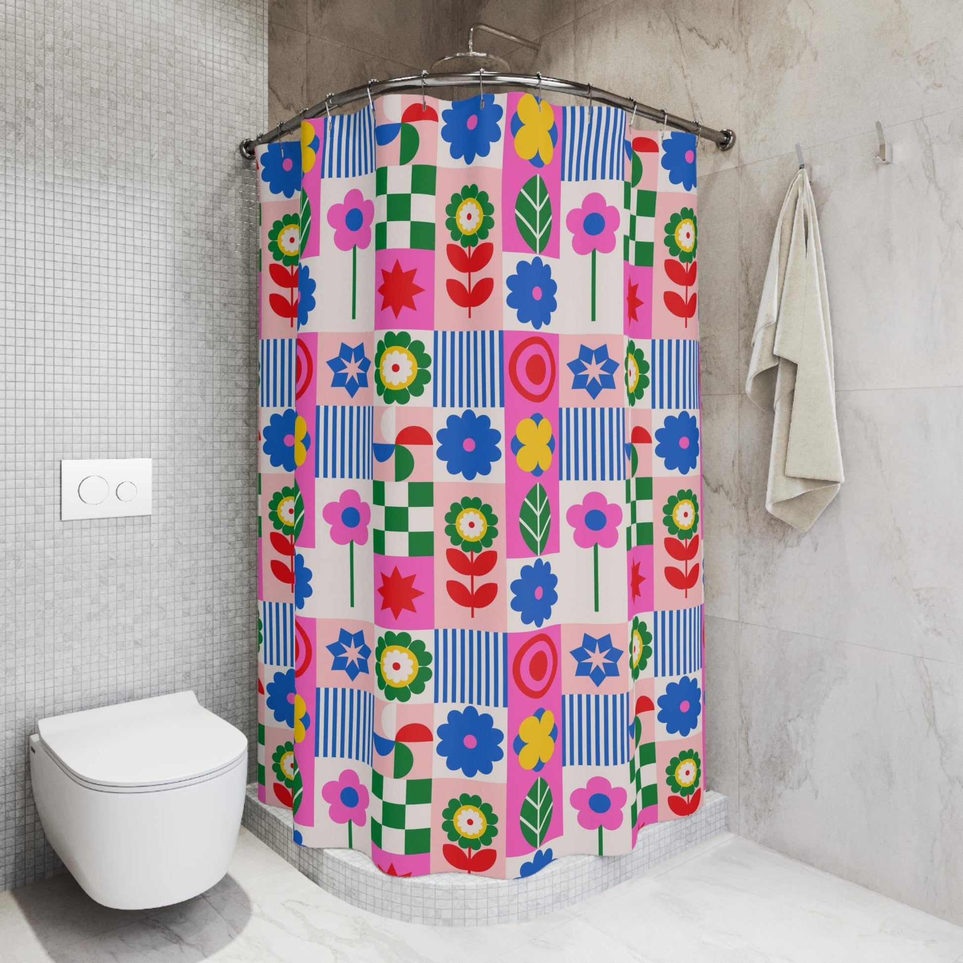Retro flower shower curtain, dopamine overload bathroom decor, bold 70s pop art style, colorful maximalist home aesthetic, y2k gift ide