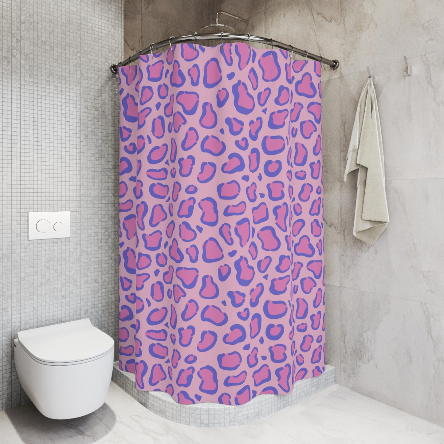 Pastel leopard shower curtain, lavender pink animal print decor, dopamine cute baddie aesthetic, girly bathroom upgrade, playful gift idea