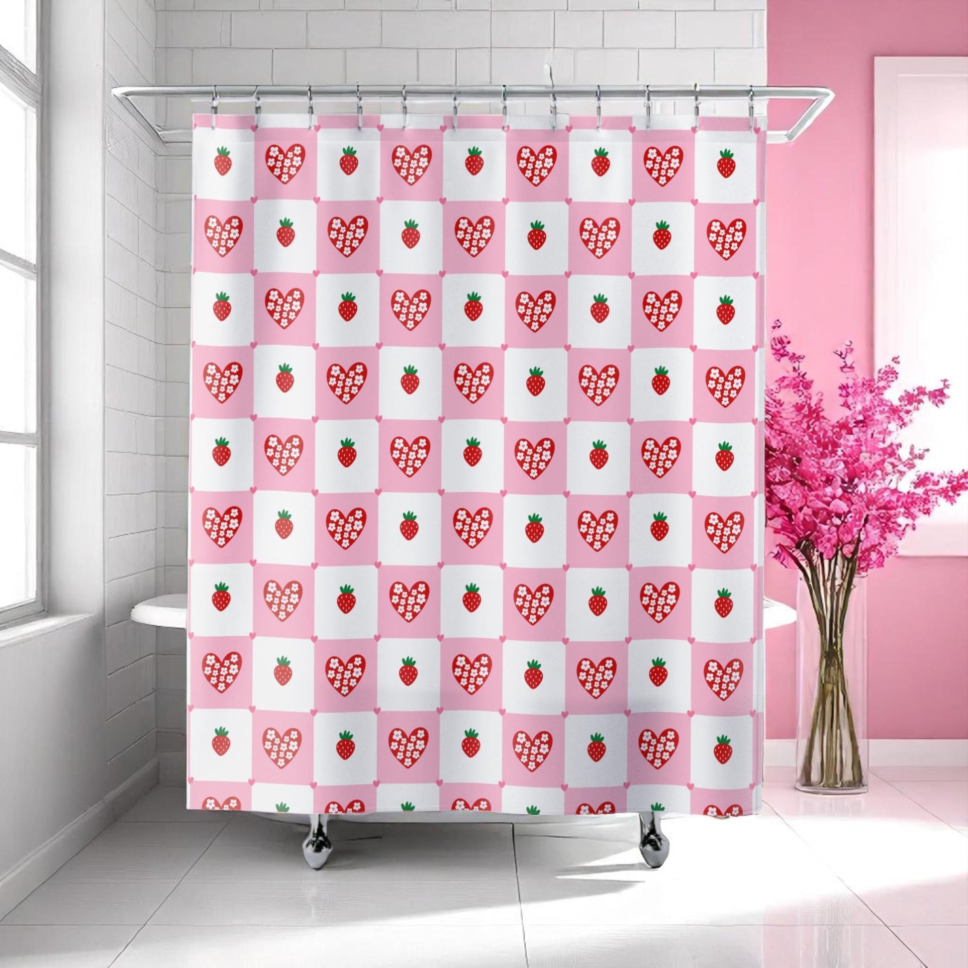 Retro flower shower curtain, dopamine overload bathroom decor, bold 70s pop art style, colorful maximalist home aesthetic, y2k gift idea