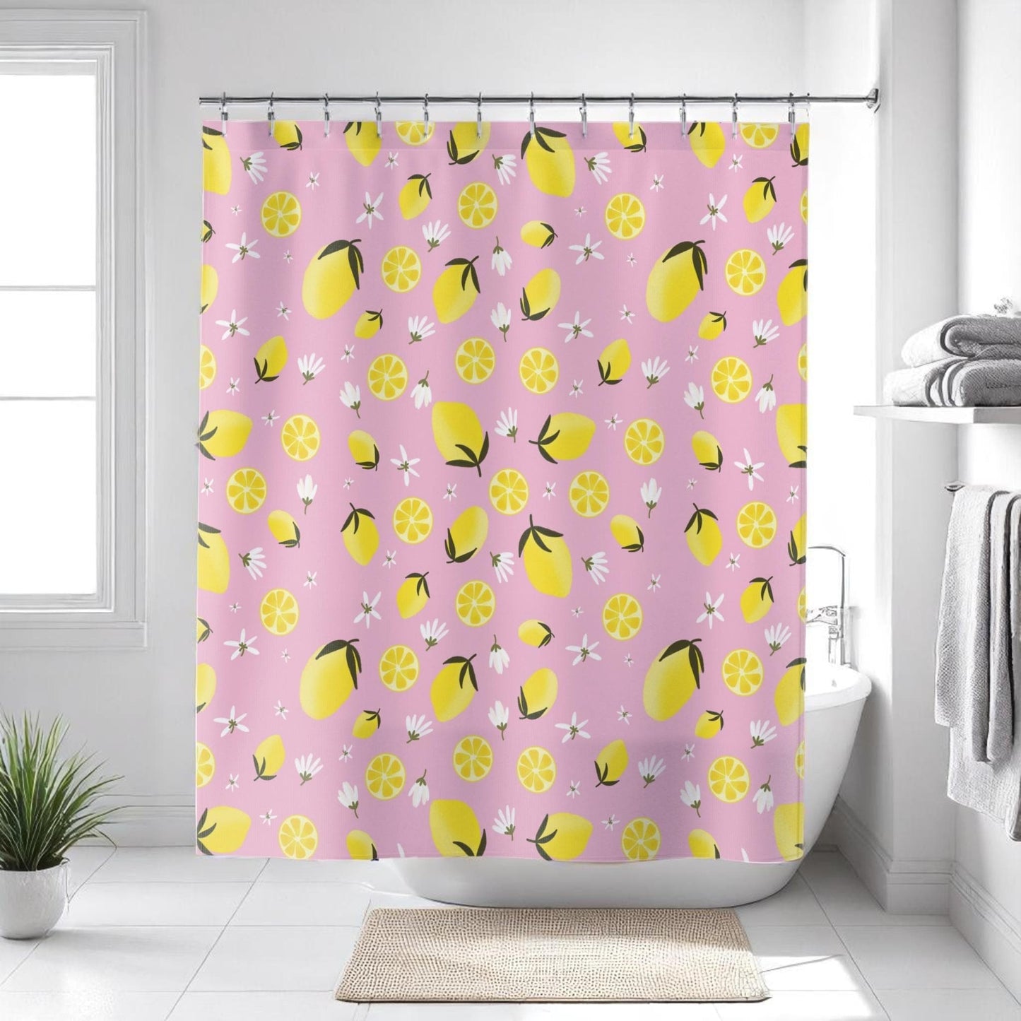 Lemon Shower Curtain, Pink Citrus Floral Print, Dopamine Decor
