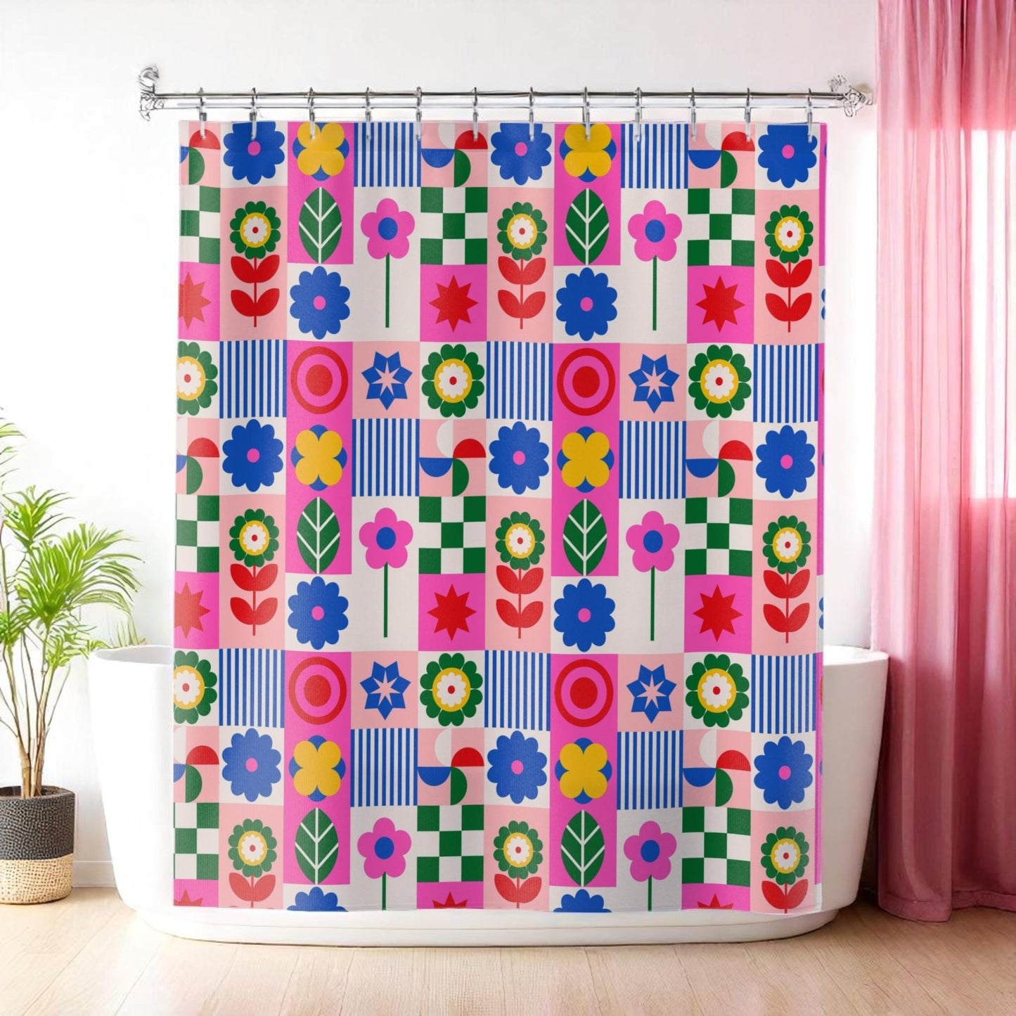Retro flower shower curtain, dopamine overload bathroom decor, bold 70s pop art style, colorful maximalist home aesthetic, y2k gift ide